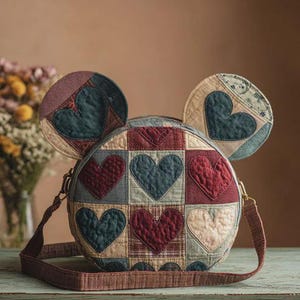 May include: A circular patchwork bag featuring heart motifs in red, teal, and cream. The bag has two circular ear-like features and a long, adjustable strap. The bag is made of quilted fabric and has a zip closure.