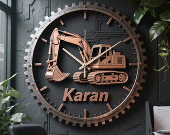 Personalized Industrial Gear Excavator Acrylic Wall Clock Custom Name Karan Copper Finish Decor Boys Room Construction Art Unique Wall Gift