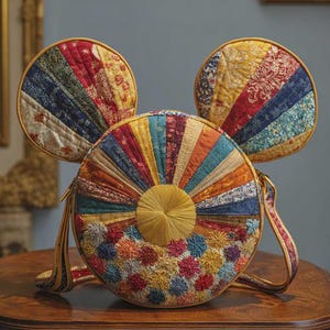 Patchwork Mickey Mouse Ears Quilted Crossbody Bag with Radiant Sunburst Fabric Design and Floral Accents, Colorful Artisan Shoulder Purse