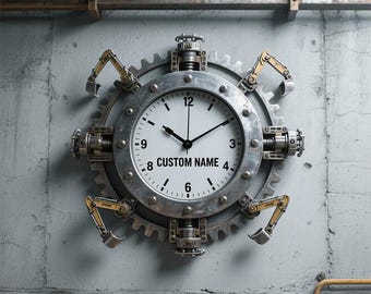Industrial Gear Construction Wall Clock with Excavators Personalized Name Acrylic Wall Art Decor for Boys Bedroom Playroom Nursery Gift