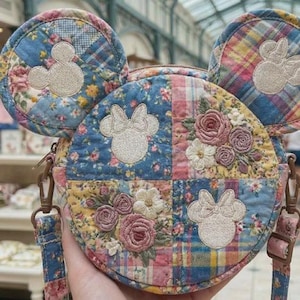 Shabby Chic Floral Mouse Ear Bag Quilted Patchwork Rose Purse Embroidered Character Handbag Whimsical Travel Satchel Unique Gift for Her