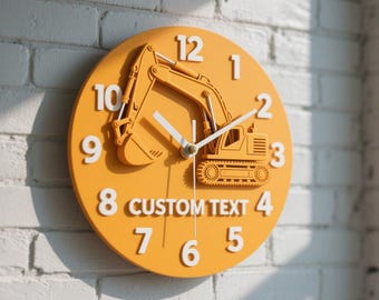 Personalized Excavator Wall Clock Custom Name Yellow Acrylic Nursery Decor Minimalist Construction Art Gift for Toddler Boy Kids Playroom