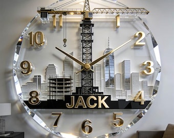 Personalized Luxury Crane Wall Clock Custom Name City Skyline Acrylic Art Gold Decor Modern Office Gift Architect Gift Construction Wall Art