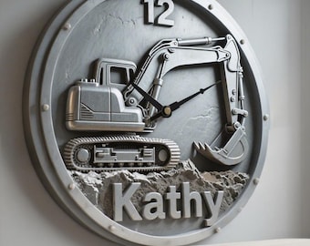 Personalized Excavator Digger Wall Clock Custom Name Construction Vehicle Acrylic Wall Decor for Kids Nursery Bedroom Playroom Gift Idea