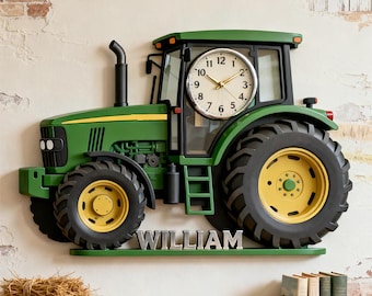Custom Green Tractor Wall Clock Personalized Name Acrylic Clock for Farm Theme Nursery Boys Bedroom Wall Decor Country Style Birthday Gift