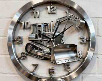 Personalized Metallic Bulldozer Wall Clock Custom Text Acrylic Construction Decor Modern Industrial Wall Art Unique Gift for Equipment Fans