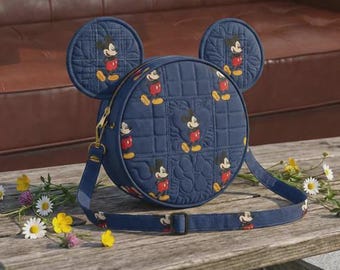 Classic Blue Quilted Mouse Ear Bag All Over Character Print Crossbody Purse Navy Blue Round Handbag Whimsical Travel Satchel Gift for Her