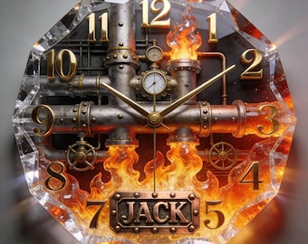 Personalized Industrial Fire Pipe Wall Clock Custom Name Acrylic Octagon Decor Unique Steampunk Wall Art Cool Gift for Mechanics and Teens