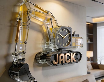 Custom Excavator Digger Wall Clock Personalized Name Acrylic Wall Decor for Boys Bedroom Construction Site Theme Nursery Birthday Gift