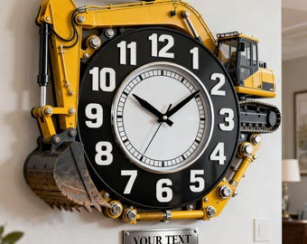 Personalized Excavator Wall Clock for Kids Room Custom Name Digger Acrylic Wall Art Construction Nursery Decor Birthday Gift for Boys