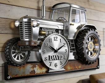 Custom Tractor Wall Clock Personalized Name Acrylic Farm House Decor Modern Metallic Finish Farm Vehicle Art Unique Housewarming Gift Idea