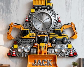 3D Heavy Equipment Construction Collage Wall Clock Personalized Name Excavator Truck Acrylic Wall Art Decor for Kids Room Playroom Gift