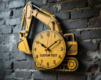 Personalized Excavator Wall Clock Custom Name Acrylic Kids Room Decor Construction Vehicle Nursery Art Unique Birthday Gift for Boy Fans