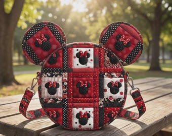 Red and Black Minnie Mouse Patchwork Quilted Crossbody Bag Polka Dot Bow Round Shoulder Purse Handmade Fashion Gift for Women Girls Trendy