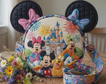 Embroidered Cartoon Friends Crossbody Bag Quilted Mouse Ear Purse Colorful Magic Castle Handbag Cute Character Travel Satchel Gift for Her