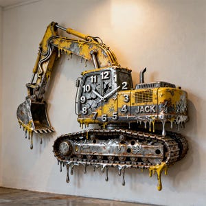 Personalized Melting Excavator Wall Clock Custom Name Surreal Art Artistic Industrial Decor Drip Design Acrylic Clock Unique Gift for Digger