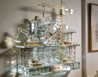 3D Transparent Construction Site Wall Clock Personalized Name Crane Excavator Acrylic Wall Art Decor for Kids Bedroom Nursery Gift Idea