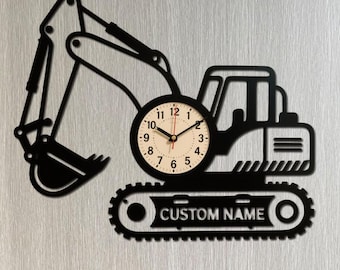 Personalized Excavator Silhouette Clock Custom Name Acrylic Wall Art Minimalist Construction Decor Unique Birthday Gift for Kids and Adults