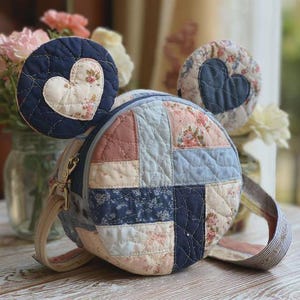 May include: A circular quilted handbag with a patchwork design in blue, pink, and cream. The bag has a zip closure and a strap. Two matching quilted circles with heart appliqués are attached, resembling ears.