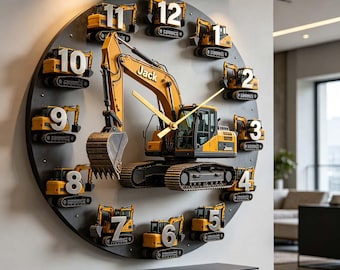 Custom Name Excavator Wall Clock Personalized Heavy Machinery Acrylic Wall Art Construction Decor Kids Room Gift Engineer Office Room Decor