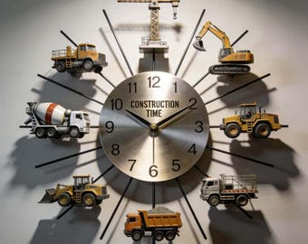Construction Vehicles Wall Clock with Cement Truck Excavator Crane Personalized Name Acrylic Wall Decor for Kids Playroom Nursery Gift