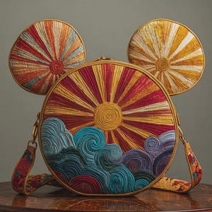 Künstlerische Mickey-förmige gesteppte Umhängetasche mit türkisfarbenen Ozeanwellen und lebendigem Sonnenuntergangsdesign, handgefertigte Stofftasche für Disney-Sammler