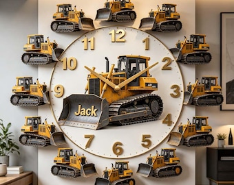 Custom Bulldozer Number Wall Clock Personalized Name Acrylic Construction Theme Decor Unique Kids Playroom Art  Gift for Truck Lovers