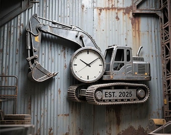 Modern Excavator Work Time Acrylic Wall Clock Custom Construction Decor Grey Industrial Wall Art Boys Room Nursery Heavy Machinery Gift