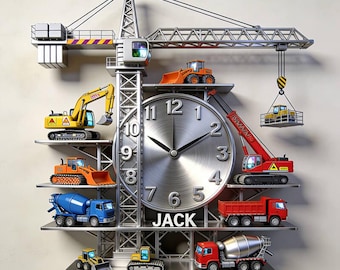 Personalized Construction Site Wall Clock Custom Name Crane Truck Excavator Acrylic Art Decor Engineer Gift Boy Bedroom Industrial Wall Art