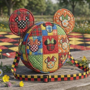 May include: A colourful, quilted crossbody bag with a patchwork design. The bag features Mickey Mouse ears and bow accents. The strap and ears have a red, black, and yellow chequered pattern. The bag is made of various fabrics in red, green, blue, and orange.