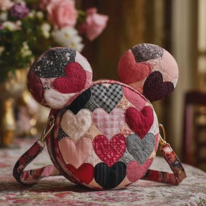 May include: A circular patchwork bag with a heart design in red, pink, black, and white. The bag features two ear-like shapes on top and a patterned strap with gold-coloured hardware. The bag is displayed on a floral patterned surface.
