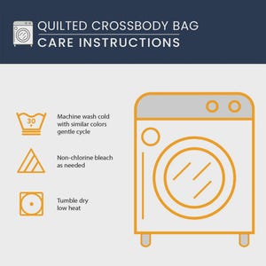 May include: Care instructions for a quilted crossbody bag. The image features a washing machine illustration with symbols indicating machine wash cold, non-chlorine bleach, and tumble dry low heat. Text reads: Machine wash cold with similar colors, gentle cycle.