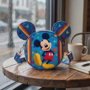 May include: A round, blue crossbody bag featuring Mickey Mouse. The bag has Mickey Mouse ears, a rainbow stripe design, and a blue strap. The bag is sitting on a wooden table next to a cup of coffee and a notebook.