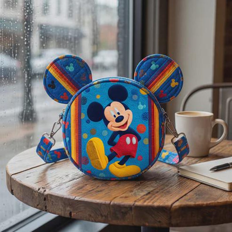 May include: A round, blue crossbody bag featuring Mickey Mouse. The bag has Mickey Mouse ears, a rainbow stripe design, and a blue strap. The bag is sitting on a wooden table next to a cup of coffee and a notebook.