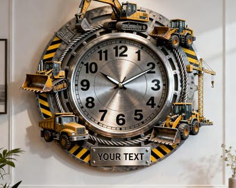 Custom Name Construction Vehicle Wall Clock Personalized Excavator Loader Acrylic Art Decor Industrial Nursery Gift Engineer Office Wall Art