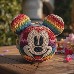 Puede incluir: Un bolso redondo con la cara y las orejas de Mickey Mouse. El bolso está decorado con un patrón de arcoíris y la cara de Mickey es beige con ojos negros y una sonrisa roja. El bolso está sobre una superficie de madera.