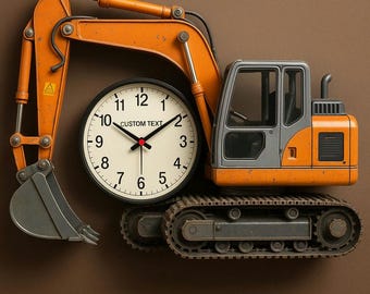 Personalized Excavator Wall Clock Custom Name Construction Vehicle Acrylic Wall Art Decor for Kids Room Nursery Gift for Little Boy Engineer