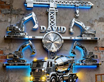 Large Custom Construction Crane Wall Clock with Excavators Personalized Name Acrylic Wall Decor for Boys Playroom Nursery Birthday Gift