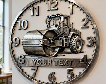 Personalized Road Roller Steam Roller Wall Clock Custom Name Construction Vehicle Acrylic Wall Art Decor for Kids Bedroom Nursery Gift