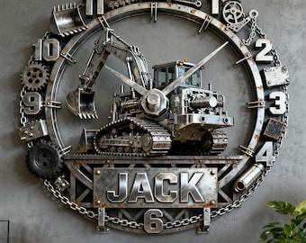 Personalized Industrial Excavator Wall Clock Custom Name Metal Chain Style Acrylic Art Decor Heavy Machinery Gift Man Cave Mechanical Decor