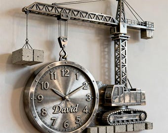 Personalized Crane Construction Wall Clock Custom Name Heavy Duty Lifting Acrylic Wall Art Decor for Kids Bedroom Nursery Office Gift Idea