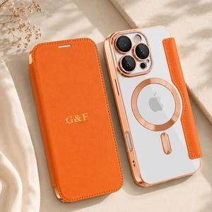 Leather iPhone Wallet Case with Card Holder, MagSafe Flip Cover, Personalized Initials Gift