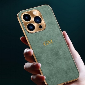 Custom Monogram Suede Phone Case, Gold/Silver Initials, Metal Camera Bumper