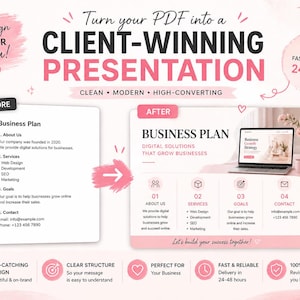 May include: A pink and white presentation design promoting business plan services. The text reads "Turn your PDF into a Client-Winning Presentation." Features include "Eye-Catching Design" and "Fast Delivery 24-48H."