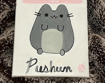 Cuadro de pared pintado a mano con el gato Pusheen – Decoración de gatos Kawaii