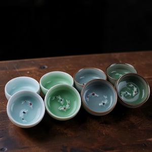 Celadon Koi Fish Tea Cup Handmade Ceramic Crackle Glaze Sake Bowl Zen Tea Ceremony