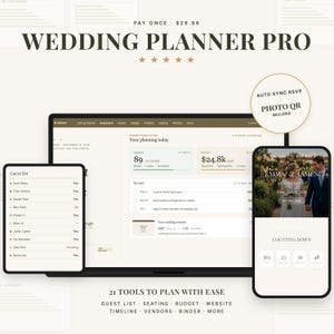 May include: A digital wedding planner displayed on a laptop, tablet, and smartphone. The screens show guest lists, budget details, and a countdown. The text reads "WEDDING PLANNER PRO" and "21 TOOLS TO PLAN WITH EASE".