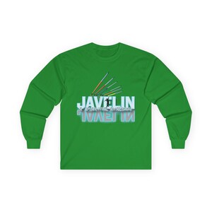 May include: A long-sleeve green shirt with the word "JAVELIN" in white and blue, along with the text "A Spiritual Awakening". The shirt features a graphic of a javelin thrower and javelins.