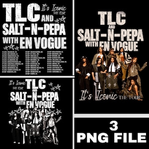 Op de afbeelding: Een zwart-witte digitale afbeelding met de tekst TLC AND SALT-N-PEPA WITH EN VOGUE IT'S ICONIC THE TOUR. Het ontwerp bevat een lijst met tourdata en locaties, samen met een groepsfoto van de muzikale artiesten in diverse outfits.