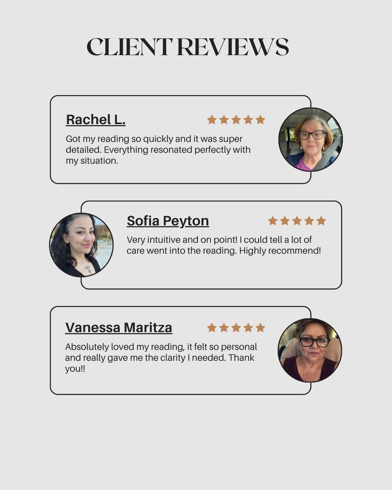 May include: A light gray graphic with the text "CLIENT REVIEWS" at the top. Below are three customer testimonials with names, star ratings, and quotes. Each review includes a headshot of the reviewer.